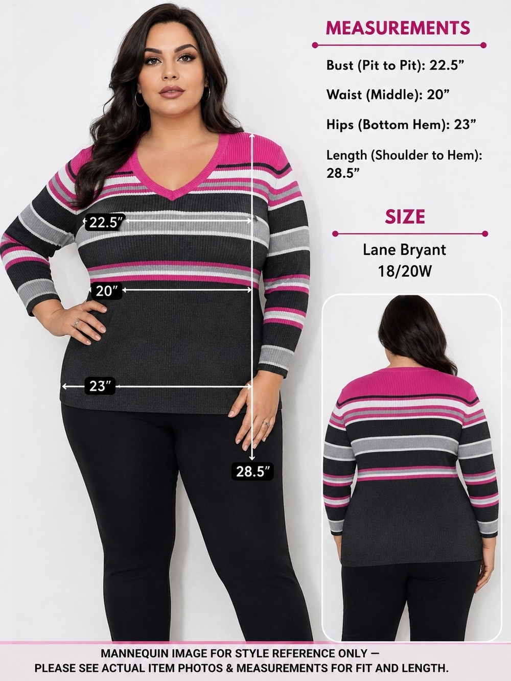 Lane Bryant 18/20W Pink Gray Black Striped V-Neck Ribbed Sweater